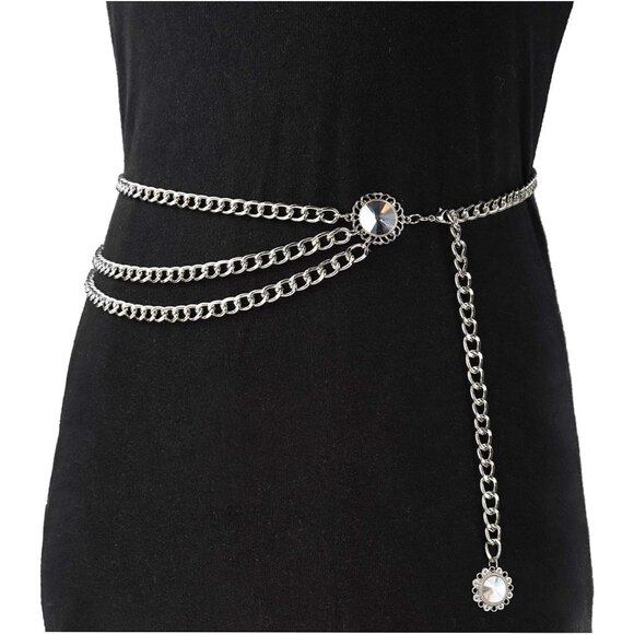Women's Crystal Silver Multi-layer Metal Waist Chain Dress Belts Metal Belt - Picture 2 of 6